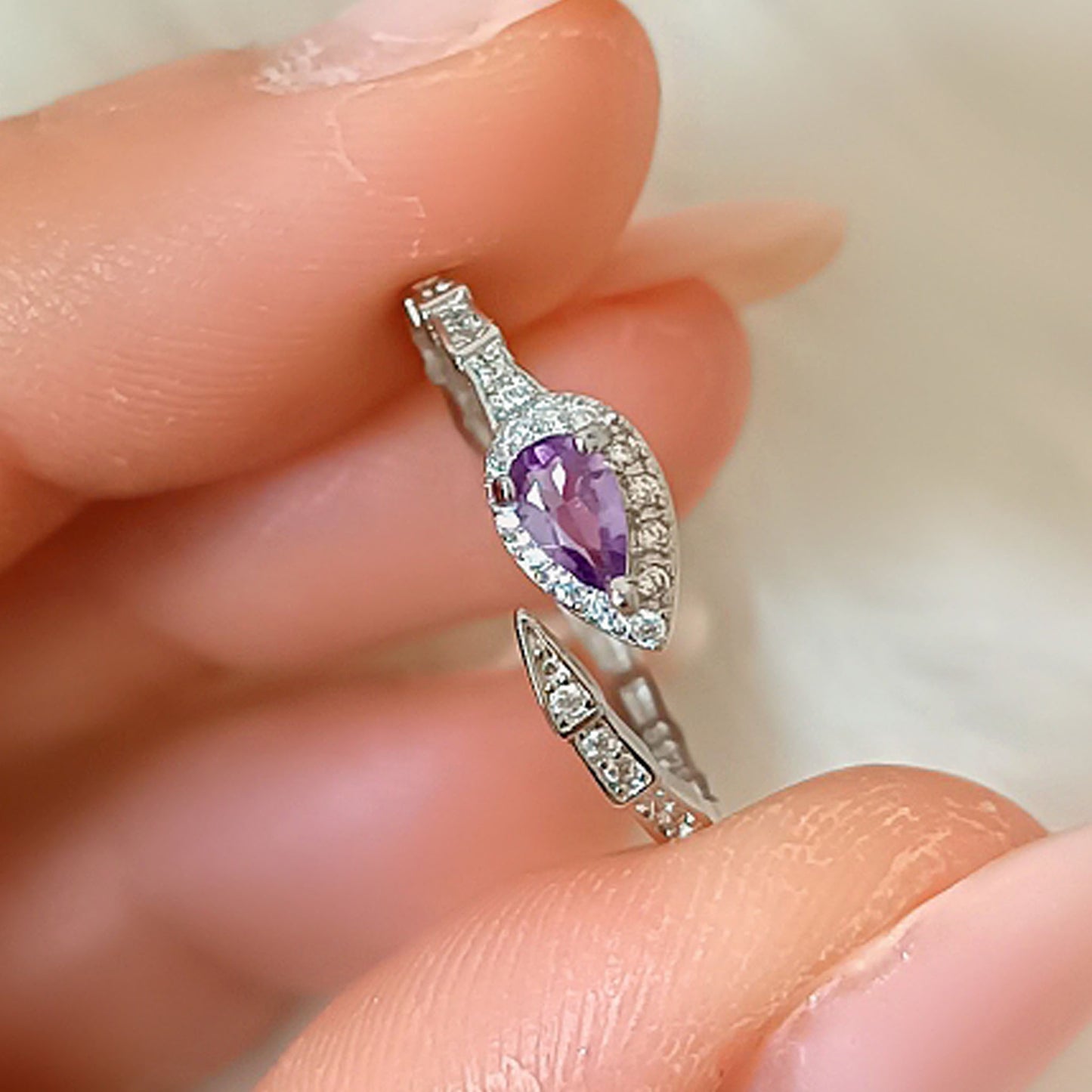 ANELLO SERPENTE REGOLABILE IN AMETISTA e ARGENTO